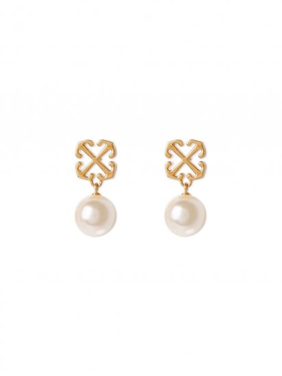 Off-White Pearl Arrow Earrings - Gold - Click Image to Close