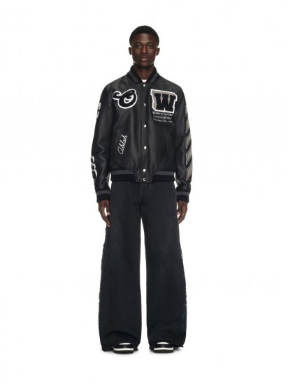 Off-White Full Leather Varsity Jacket - Black - Click Image to Close