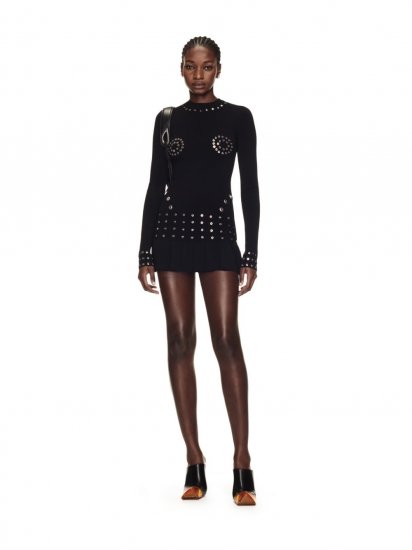 Off-White Eyelets Pleated Mini Dress - Black - Click Image to Close