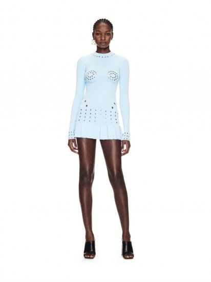 Off-White Eyelets Pleated Mini Dress - Blue - Click Image to Close