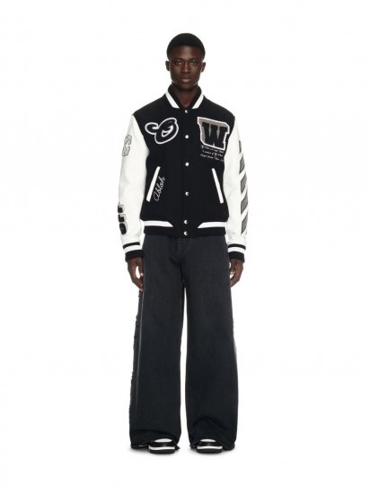 Off-White Leather Wool Varsity Jacket - Black - Click Image to Close